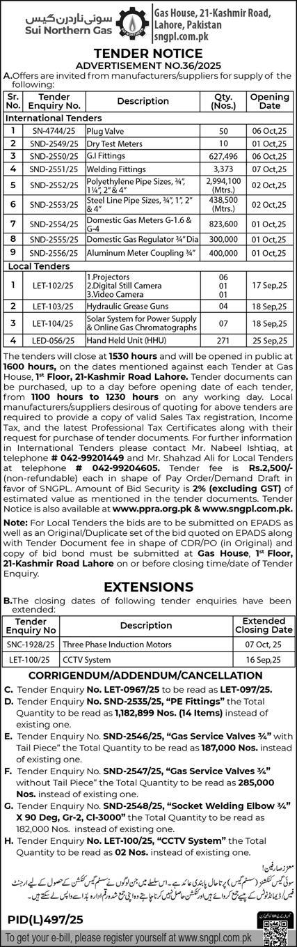 Sui Northern Gas Company Limited Lahore Tender Notice